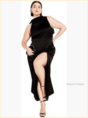 Plus Size High Neck Maxi Dress with Leg Slit and Tie Back - Faux-Satin